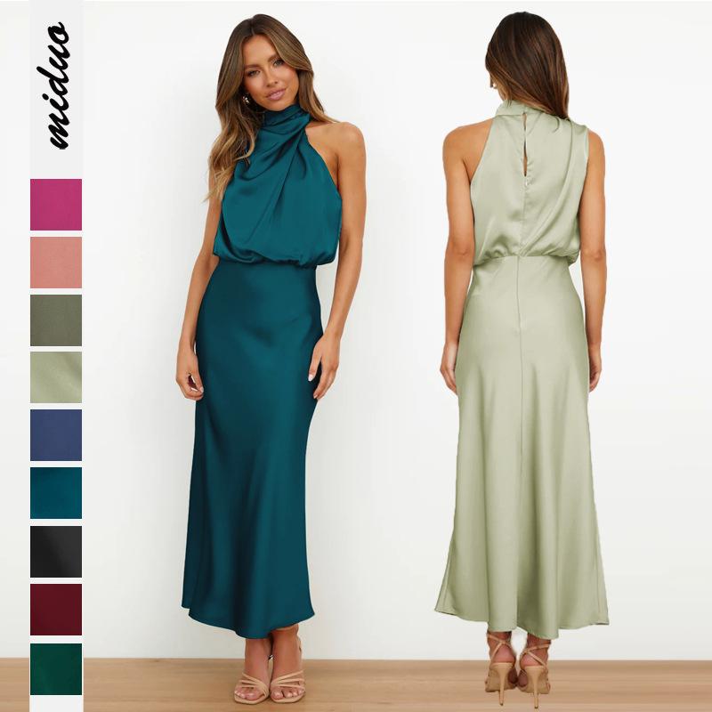 ワンピース レディース 春夏 ノースリーブ サテン elegant パーティードレス フォーマル セミフォーマ..