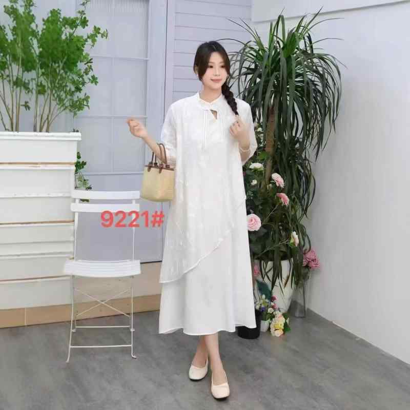 ワンピース レディース 民族風 絞り染め ミディアム丈 Aライン Uネック 七分袖 綿 白 無地 レトロ ゆっ..