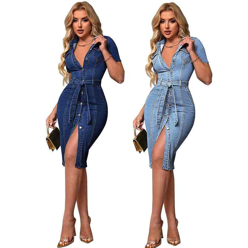 ワンピース レディース デニム 半袖 膝丈 翻領 切り替え コットン Aライン おしゃれ 深藍色 浅藍色