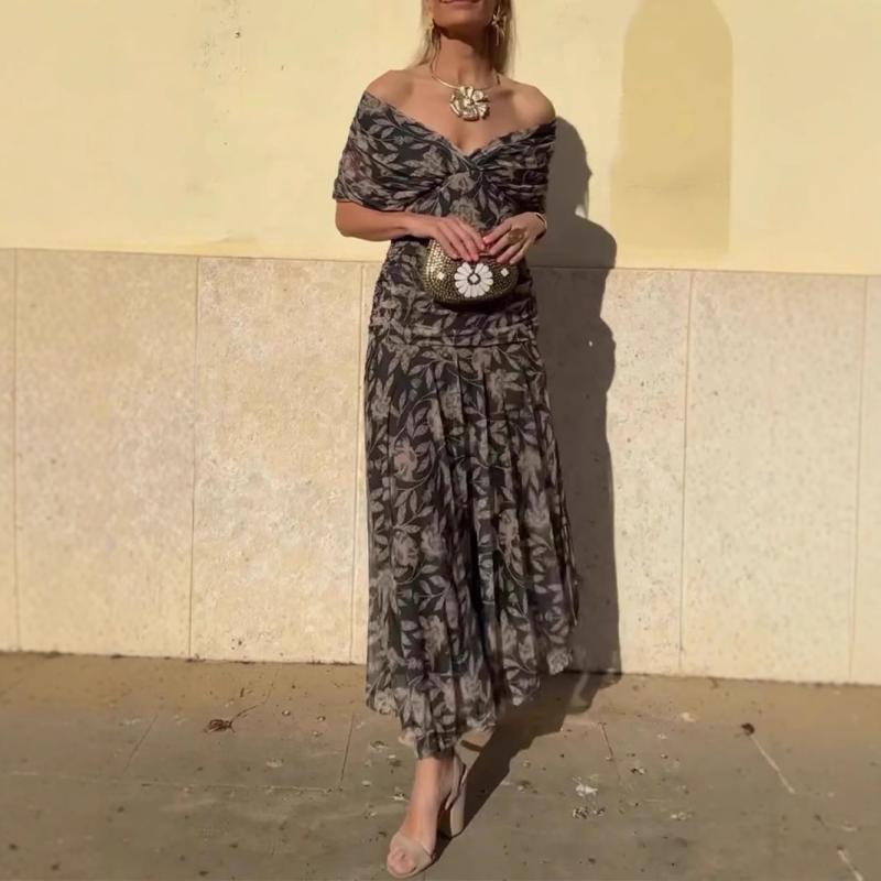 ワンピース レディース Vネック プリント ポリエステル 不規則スカート 半袖 ロング丈 膝下丈 ミディ丈 体系カバー ゆったり マカロンカラー 赤 黒