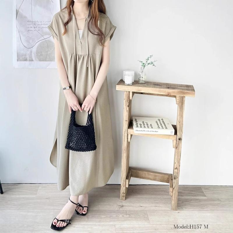 ワンピース レディース Aライン 麻 リネン 半袖 ミニワンピース 膝上丈 カーキ 深咖色 黒 ブラック 無地 ショートワンピース 街頭風 ストリート