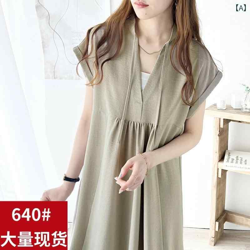 ワンピース レディース Aライン 麻 リネン 半袖 ミニワンピース 膝上丈 カーキ 深咖色 黒 ブラック 無地 ショートワンピース 街頭風 ストリート 2