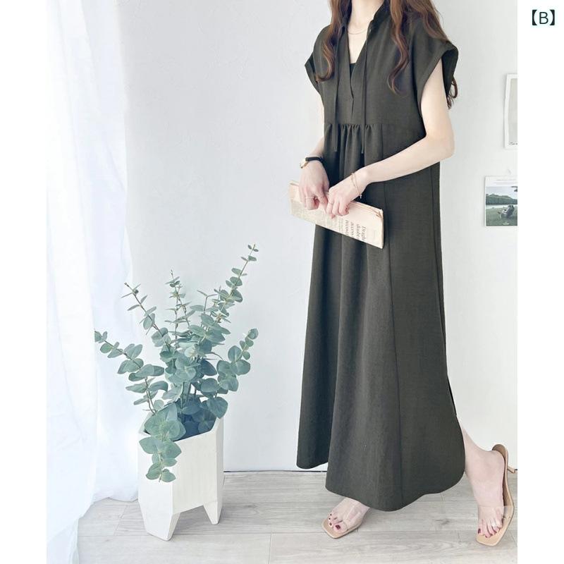 ワンピース レディース Aライン 麻 リネン 半袖 ミニワンピース 膝上丈 カーキ 深咖色 黒 ブラック 無地 ショートワンピース 街頭風 ストリート 3