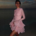 ワンピース レディース 春秋 花柄 ティアード 長袖 ミニワンピース プリンセスライン 清楚 かわいい ポリエステル 高腰 白 ピンク