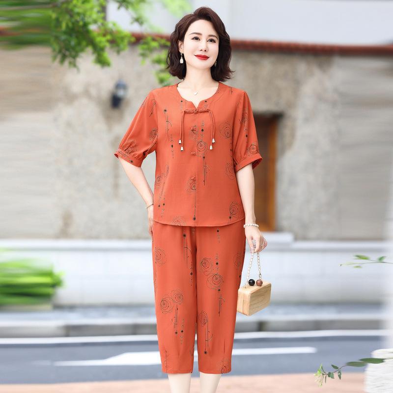 セットアップ レディース 2点セット 普段使い ポリエステル ゆったり 半袖 トップス パンツ オレンジ系 イエローグリーン系