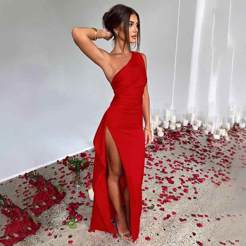 ワンピース レディース サテン ロング丈 斜めがけ アシンメトリー ノースリーブ 無袖 ドレス 杏色 ピンク系 黒 錆色 紺色 赤 青 茶色 ライトグリーン ワインレッド 白 通勤 エレガント きれいめ