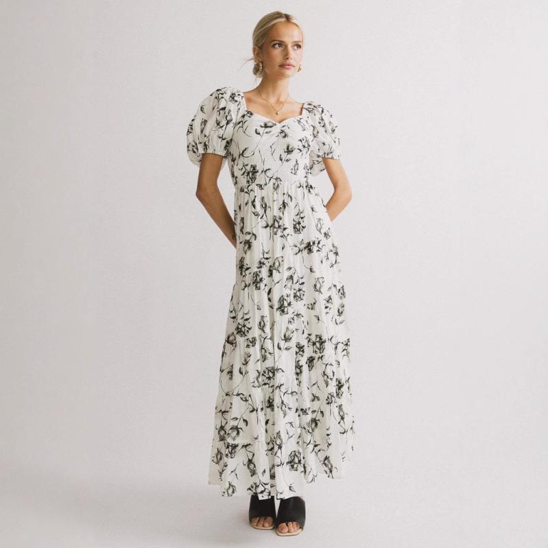 ワンピース レディース 春夏 フレンチレトロ 泡パフスリーブ 花柄プリント 切り替え Vネック 半袖 ロン..