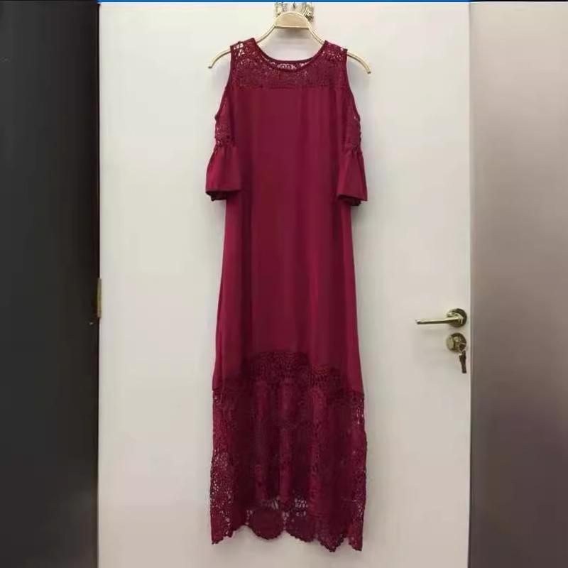 ワンピース レディース 春秋 レース 切り替え 膝丈 半袖 無地 パーティードレス エレガント ワインレッド グレー グリーン ブラック ブルー ロイヤルブルー マゼンタ ポリエステル 綿 伸縮性