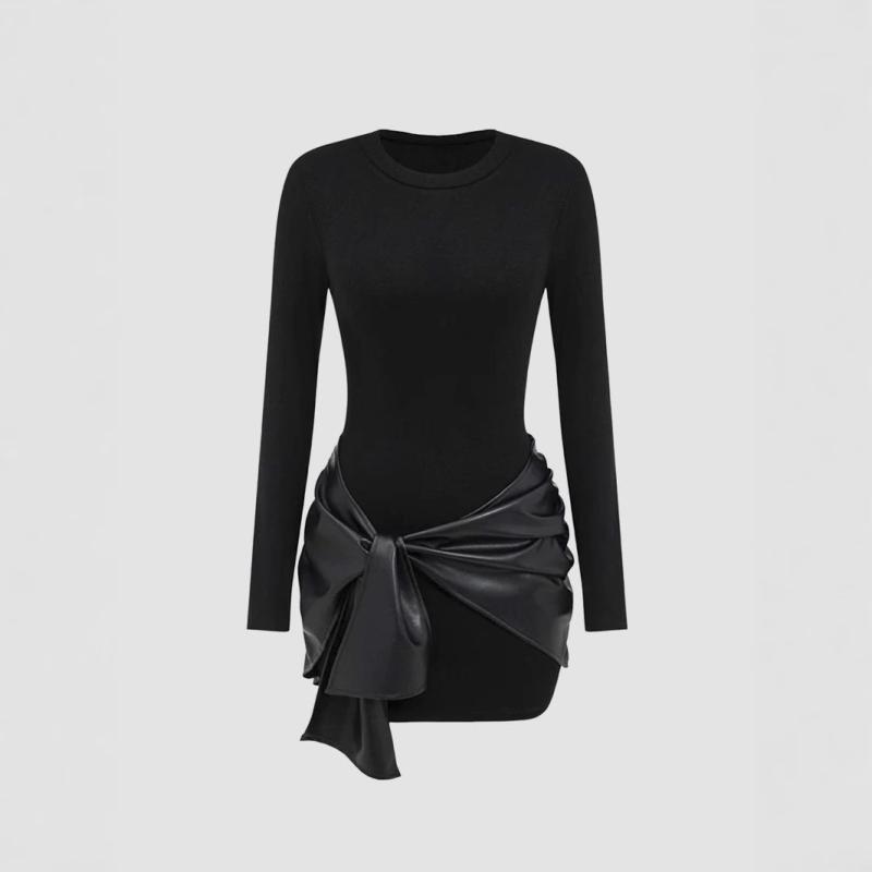 ワンピース レディース ポリエステル 長袖 ミニ丈 無地 カジュアル 普段使い 秋冬 ブラック ワインレッ..