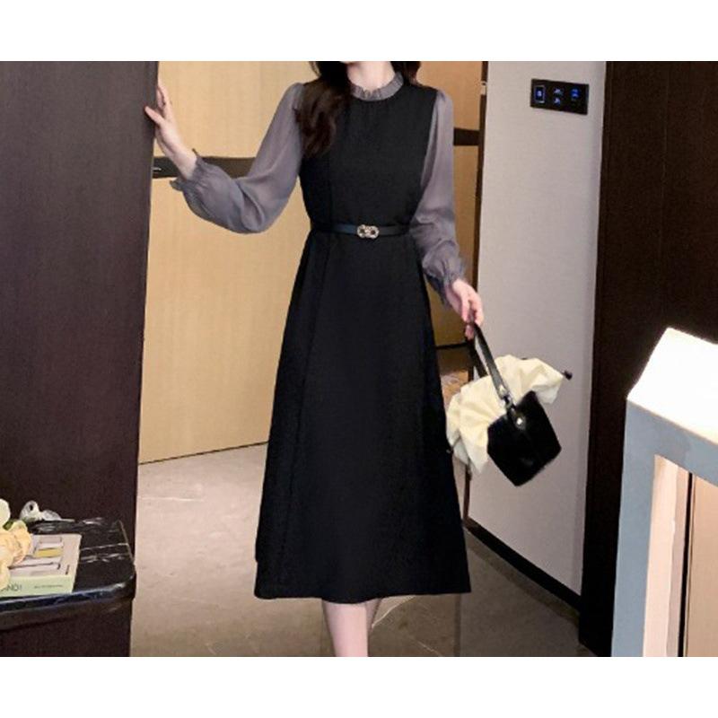 ワンピース レディース A字スカート ミモレ丈ワンピース 長袖 無地 高見え ブラック 黒 春 中国風 チャイナドレス