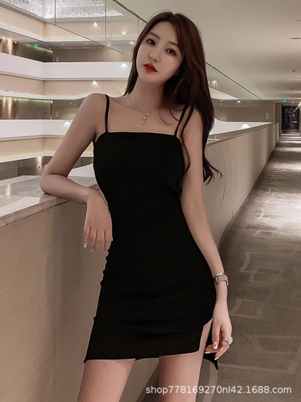 ワンピース レディース 黒 セクシー 吊り ワンピース 春夏 ノースリーブ 膝上 丈 ポリエステル スリム 無地 パーティー クラブ お呼ば..