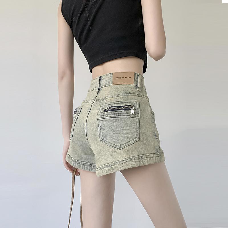 デニムショートパンツ レディース ハイウエスト Aライン ゆったり 短パン ホットパンツ ジッパー 綿 ポリエステル ミディアムイエロー