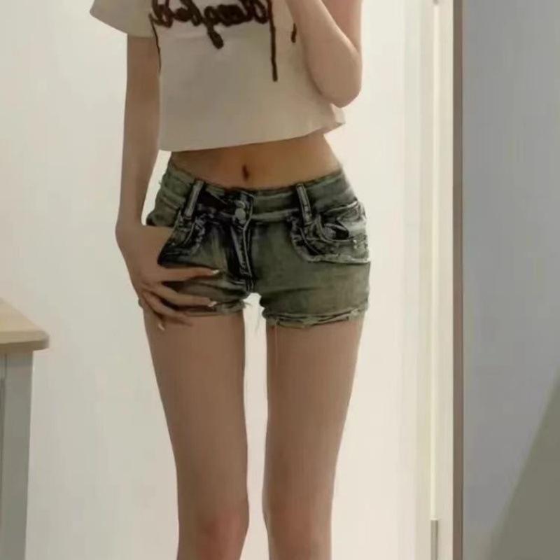 デニム レディース ローライズ ショートパンツ ホットパンツ スキニー ジーンズ ジーパン タイト ダメージ加工 切りっぱなし カットオフ 美脚 脚長 伸縮性 ブルー デニム 春夏