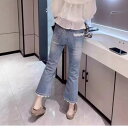 デニム レディース 大きいサイズ ジーンズ 9分丈 高見え ストレッチ ハイウエスト スリム ストレート 微フレア 薄手 ゆったり ジーパン カジュアル ボトムス ズボン 婦人服 女性用 コットン ポリエステル ブルー