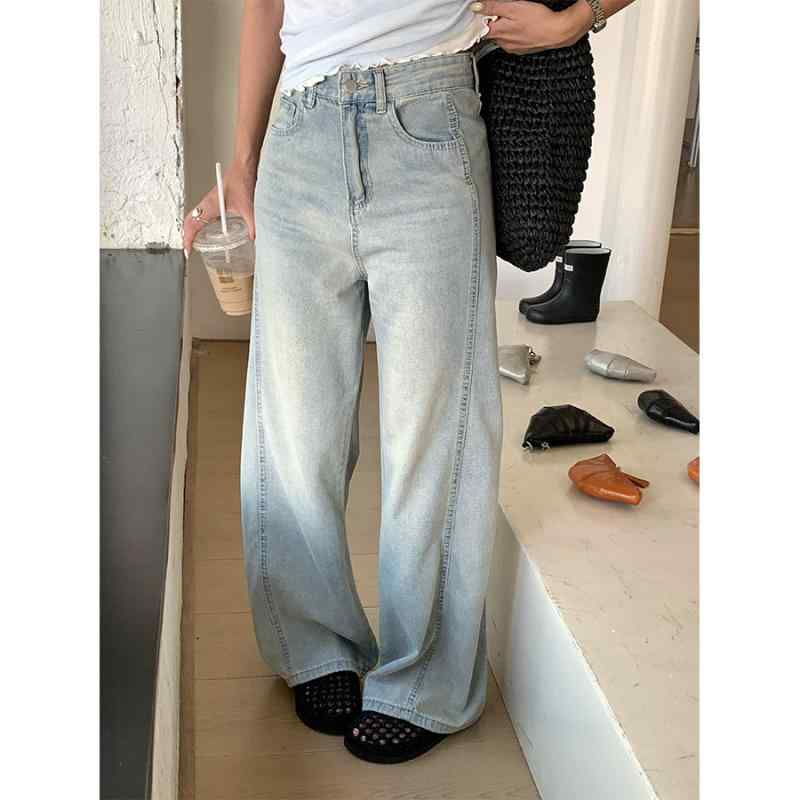 デニム レディース ワイドレッグパンツ 韓国 バナナシルエット ジーンズ ハイウエスト ストレート ゆったり ブルー 綿 再生繊維