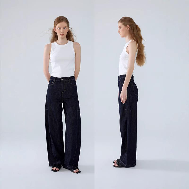 デニム レディース 高腰 ワイドレッグ ジーンズ パンツ コットン 快適 ストレート 不褪色ブルー 全長 Aライン 薄手 通勤スタイル