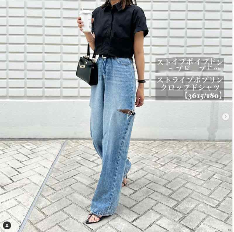 デニム レディース 穴あき ジーンズ ワイドパンツ ジーパン 春夏 ゆったり ロック ストリート ウォッシュ加工 ブルー