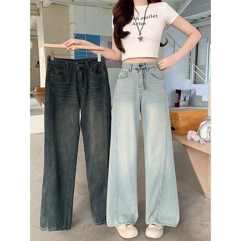 デニム レディース 大きいサイズ 春夏 高腰 ワイドレッグ ジーンズ ストレートパンツ ジーパン 通勤 ゆったり ズボン ボトムス カジュアル 深藍色 浅藍色
