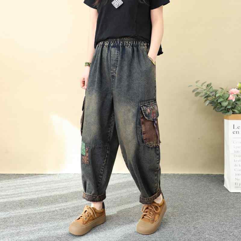 デニムパンツ レディース ゆったり 刺繍 刺しゅう 文芸風 レトロ ジーンズ ブルージーンズ 9分丈 ハー..