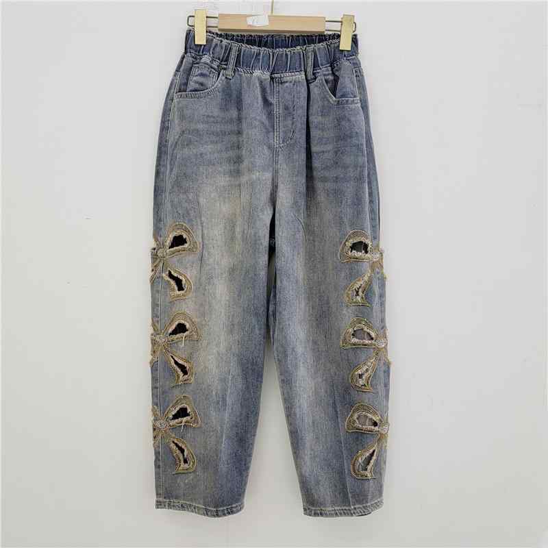 デニム レディース テーパードパンツ ダメージ加工 ジーンズ ハイウエスト 刺繡 ゆったり 春夏 ストリート
