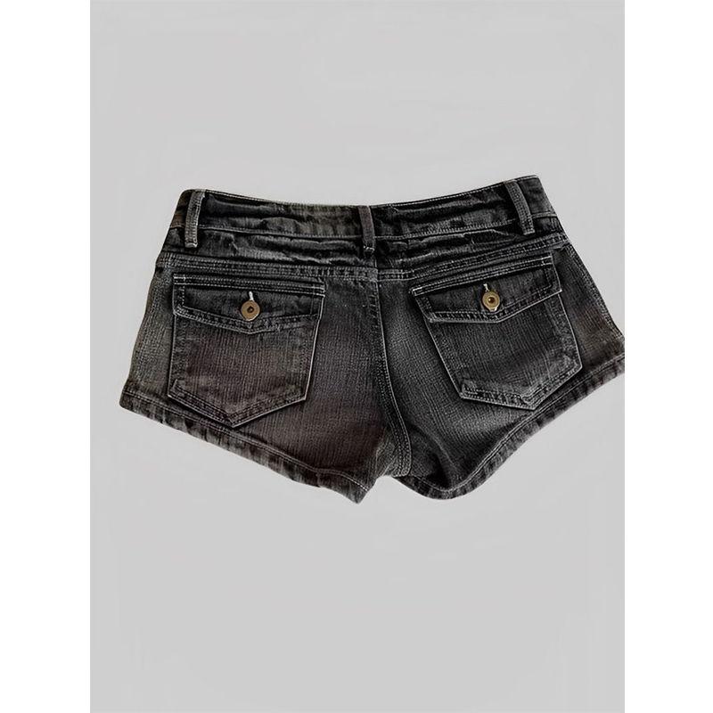 デニム レディース 短パン ホットパンツ ローライズ Aライン スリムフィット ウォッシュドブラック ジーンズ ジーパン カジュアル スタイル