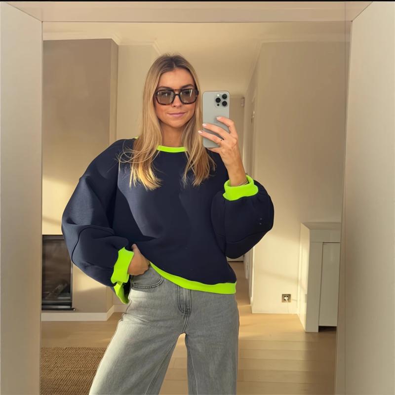 トレーナー レディース 撞色 長袖 プルオーバー 蛍光グリーン ゆったり 伸縮性 ポリエステル カジュアルスタイル トップス 春秋