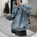 パーカー レディース アメリカンカジュアル ウォッシュドデニム プルオーバー フーディ ゆったり スウェット トップス 春秋 ブルー ブラック