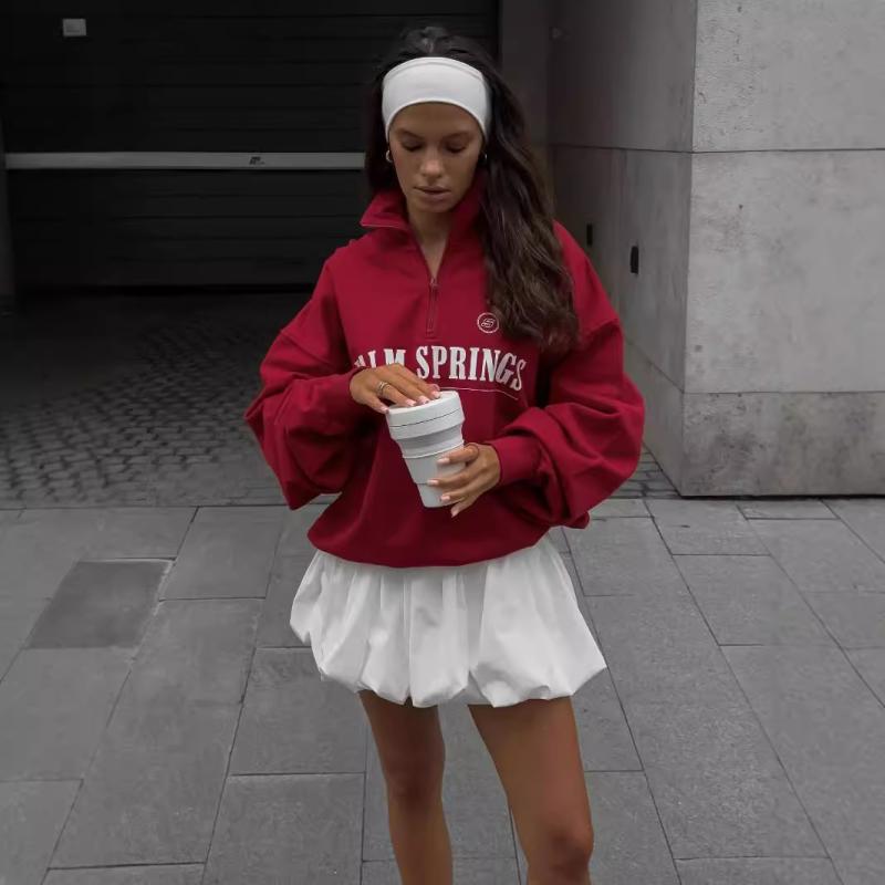 卫衣 レディース 女性用 秋冬 長袖 プルオーバー ゆったり 高襟 モックネック ポリエステル 字母プリント カジュアルスタイル レッド ピンク系(4)