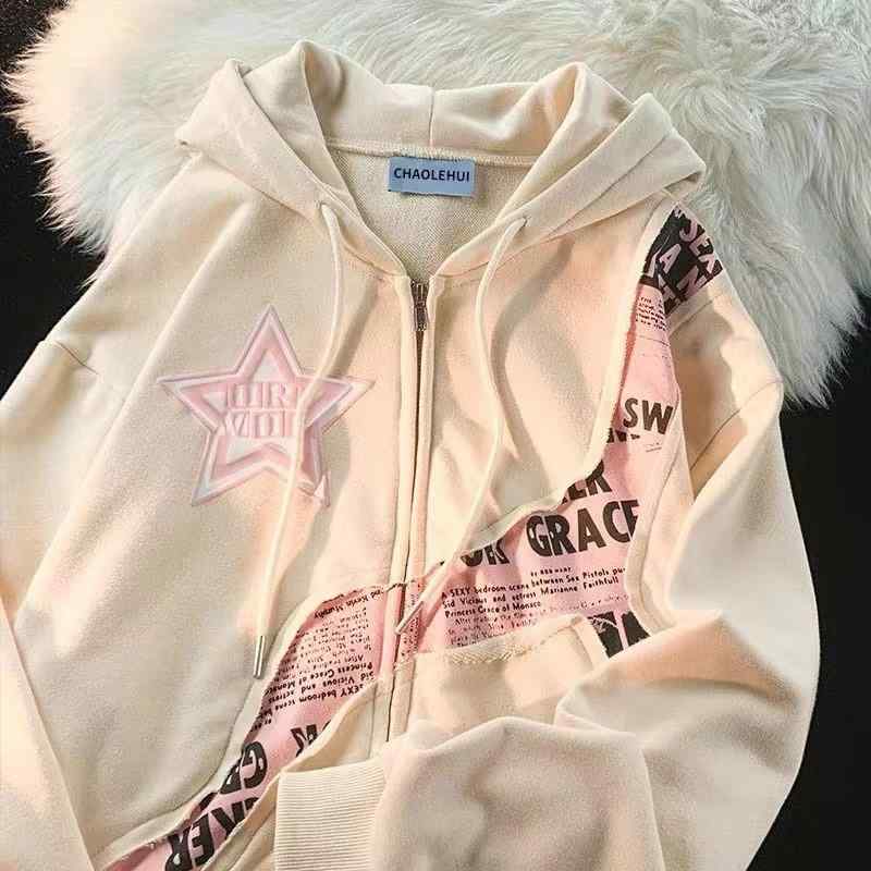 パーカー レディース 星柄 アルファベット プリント 切り替え ジップアップ フーディ ゆったり かわいい ストリート カジュアル