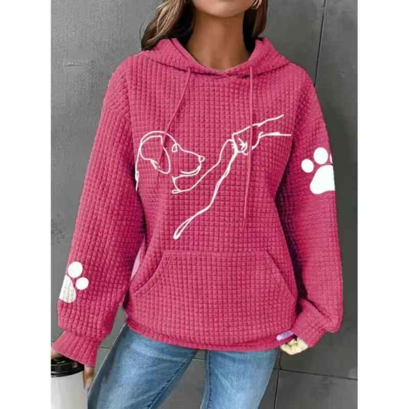 パーカー レディース 長袖 ワッフル地 プリント プルオーバー フード付き グレー 赤 紺色 緑 ピンク系 ..