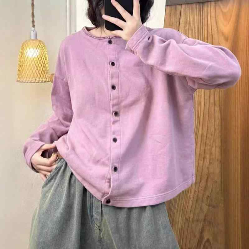 スウェット レディース 丸首 カーディガン 春 トップス コットン 無地 長袖 糖果色 ゆったり 文芸 レト..