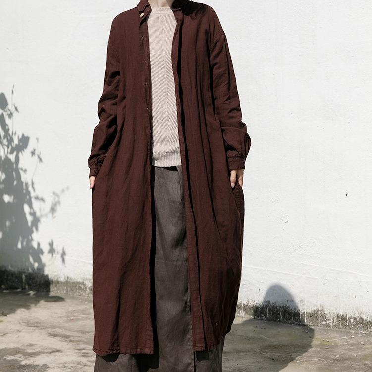 レディース 綿麻 シャツワンピース 麻混 ロング丈 カーディガン チュニック 文芸風 アースカラー 深紅..