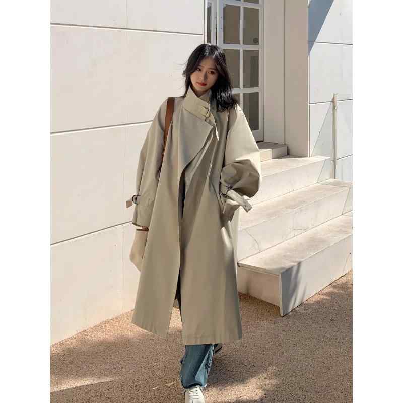 コート レディース スプリング 春 ミドル丈 ゆったり スタンドカラー カジュアル カーキ 米グレー(x2)