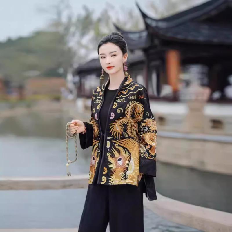 コート レディース 秋冬 エスニック 刺繍 花柄 ミディアム丈 新チャイナ風 天絲 テッセル繊維 ルーズフィット ブラック 長袖 文芸 レトロ