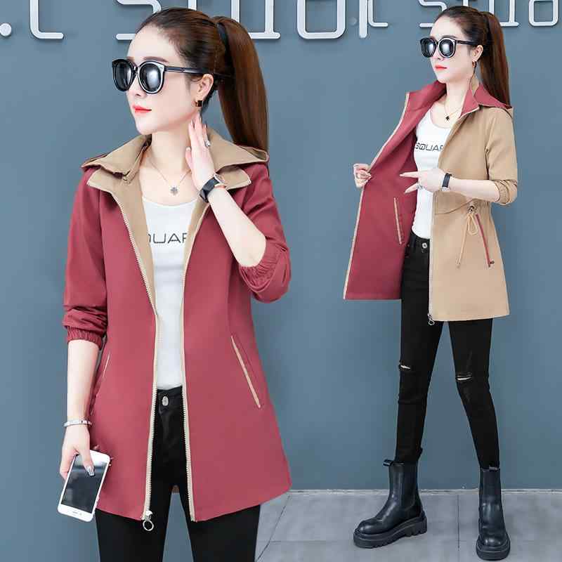 ジャケット レディース ママ ブルゾン ジャンパー アウター 春秋 両面 フード付き 取り外し可能 ゆったり 長袖 配色 切り替え ポリエステル 日韓スタイル カジュアル