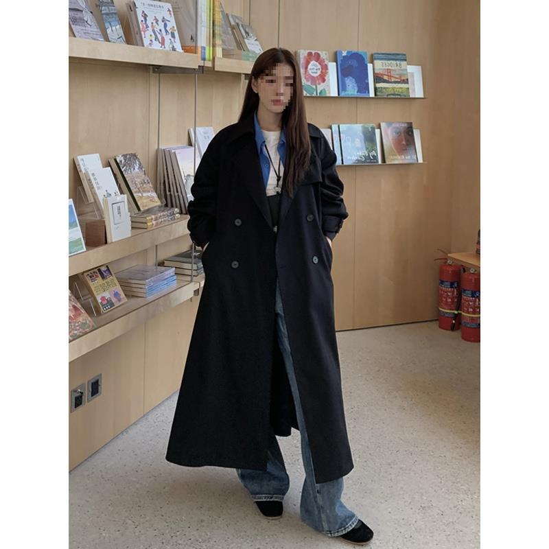 コート レディース 韓国 きれいめ ミドル丈 ポリエステル ブラック 無地 POLO襟 長袖 ゆったり 普段使い