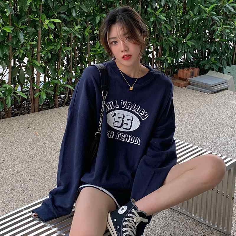 スウェット レディース 秋物 プルオーバー プリント 長袖 トップス ラウンドネック 薄手 ゆったり 普段使い 韓国 カジュアル ウェア グリーン ネイビー ライトグレー オートミール