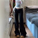 デニム レディース ローライズ 黒 ワイドレッグ ジーンズ 春秋 薄手 接触冷感 美脚 脚長効果 フレアパンツ ブラック