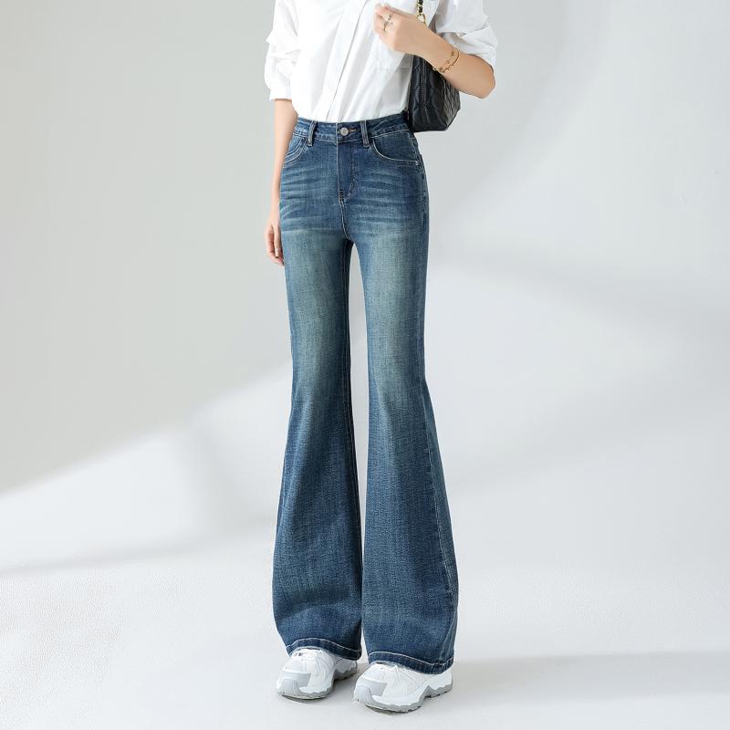 デニム レディース 秋物 高見え ヴィンテージ風 ブーツカット ジーンズ ハイウエスト 美脚 体型カバー ストレッチ ジーパン 綿混紡 長ズボン