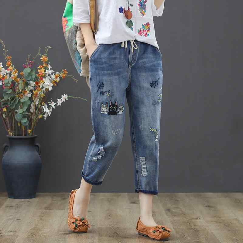 デニムパンツ レディース 七分丈 ゆったり ハイウエスト ジーンズ ダメージ ウォッシュ加工 刺繡 アメカジ 文芸復古風 ジーパン S M L XL 2XL 3XL