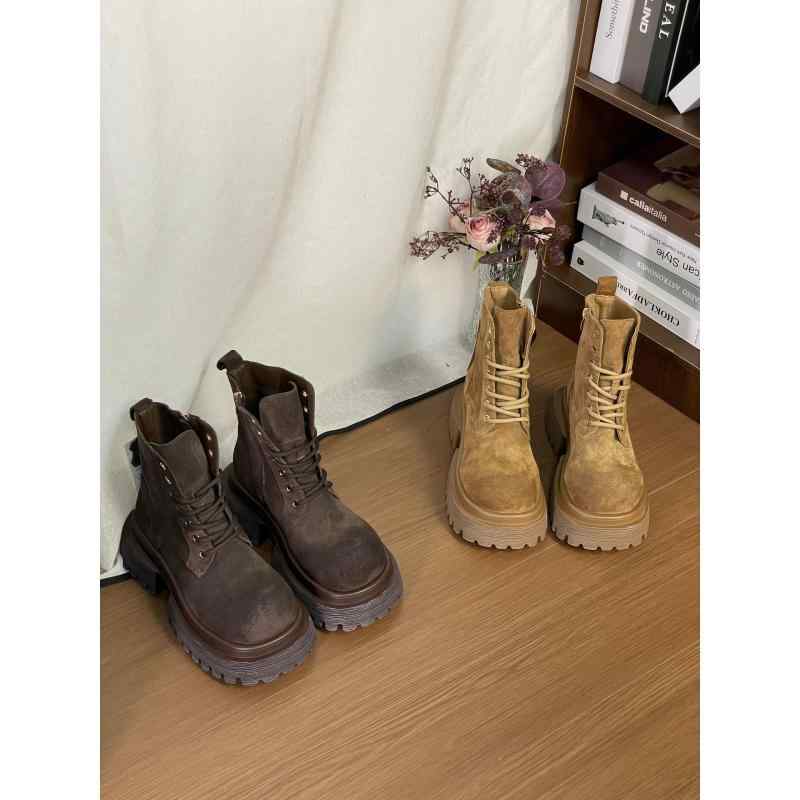 ブーツ レディース 秋冬 厚底 レースアップ ショートブーツ 女性用 革 ヌバック チャンキーヒール ラウ..