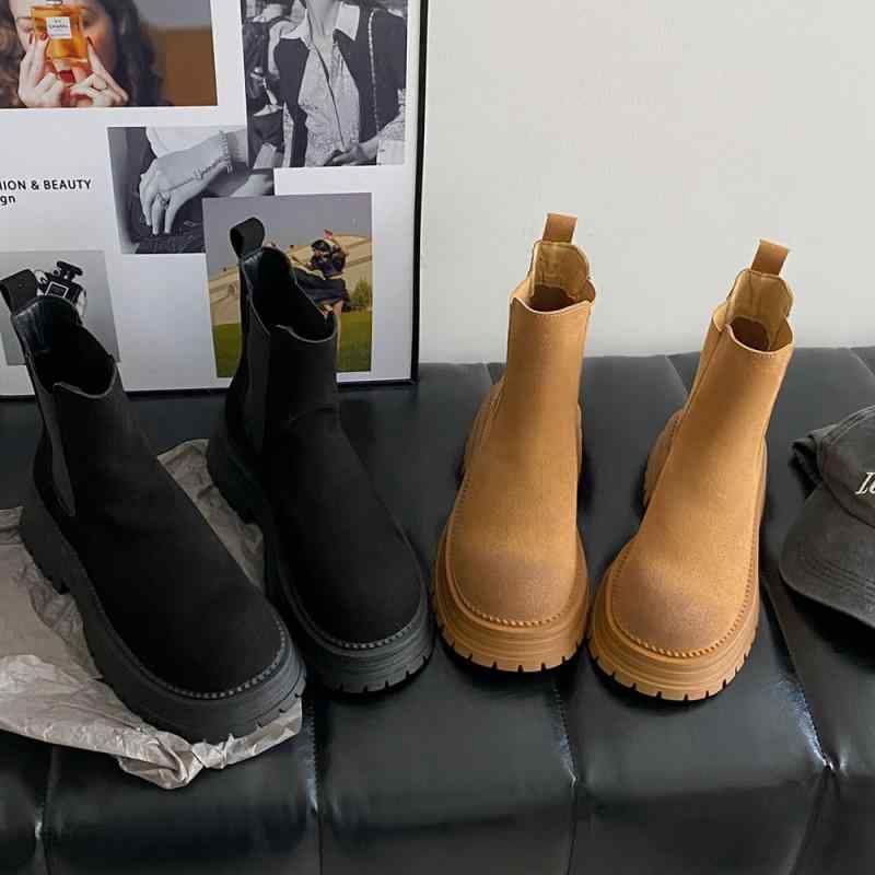 ブーツ レディース ショートブーツ 厚底 チェルシーブーツ チャンキーヒール スエード調 レトロ 秋冬 黄棕色 ブラック