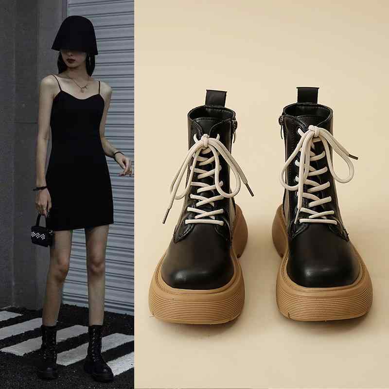 ブーツ レディース ショートブーツ 厚底 女性用 ブリティッシュスタイル 革 羊革 レースアップ 黒 ブラ..
