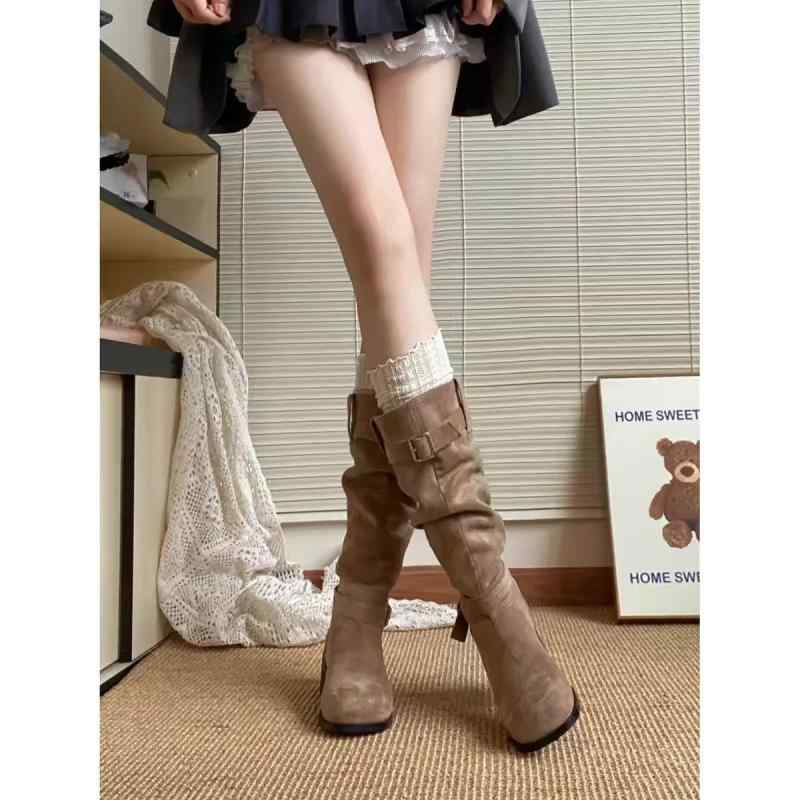 ブーツ レディース ウエスタンブーツ ミドル丈 ラウンドトゥ チャンキーヒール スエード調 無地 カーキ..