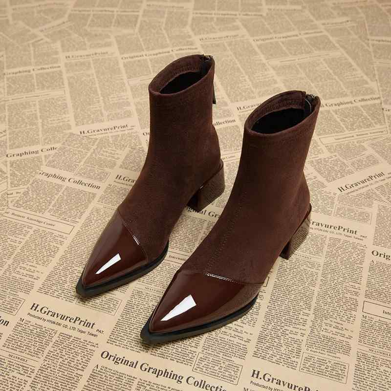ブーツ レディース 秋冬 ショートブーツ 法式 ラウンドトゥ 太ヒール 6cm~8cm チャンキーヒール 繊維 履きやすい ジッパー付き 韓国 黒 ブラック ブラウン