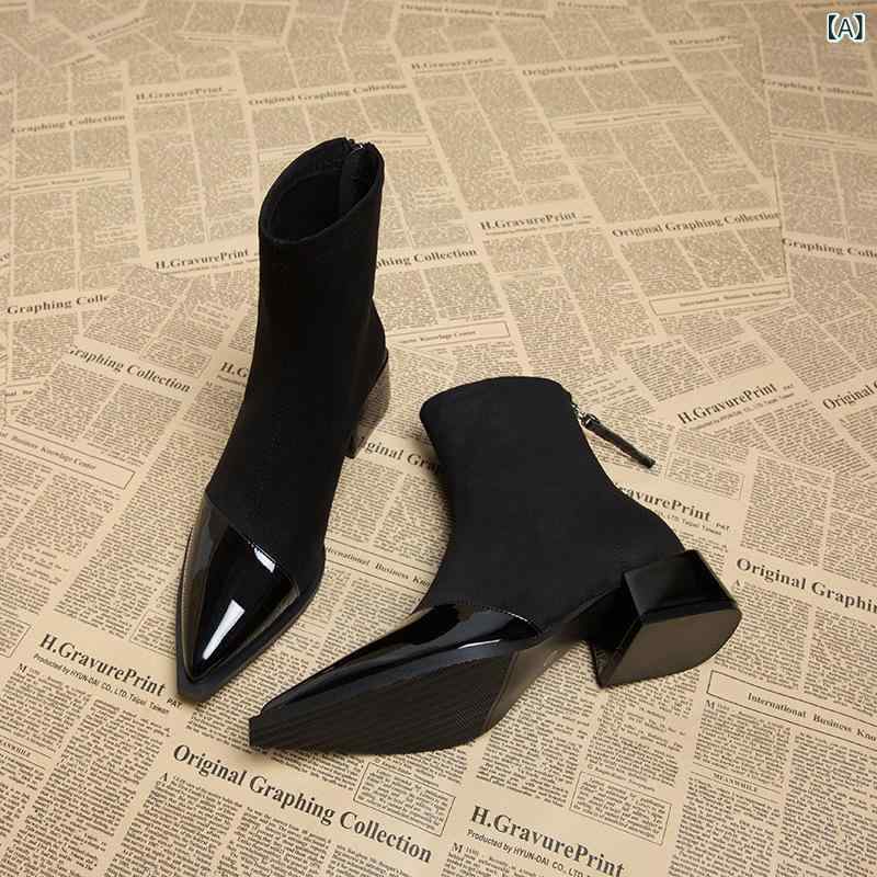 ブーツ レディース 秋冬 ショートブーツ 法式 ラウンドトゥ 太ヒール 6cm~8cm チャンキーヒール 繊維 履きやすい ジッパー付き 韓国 黒 ブラック ブラウン