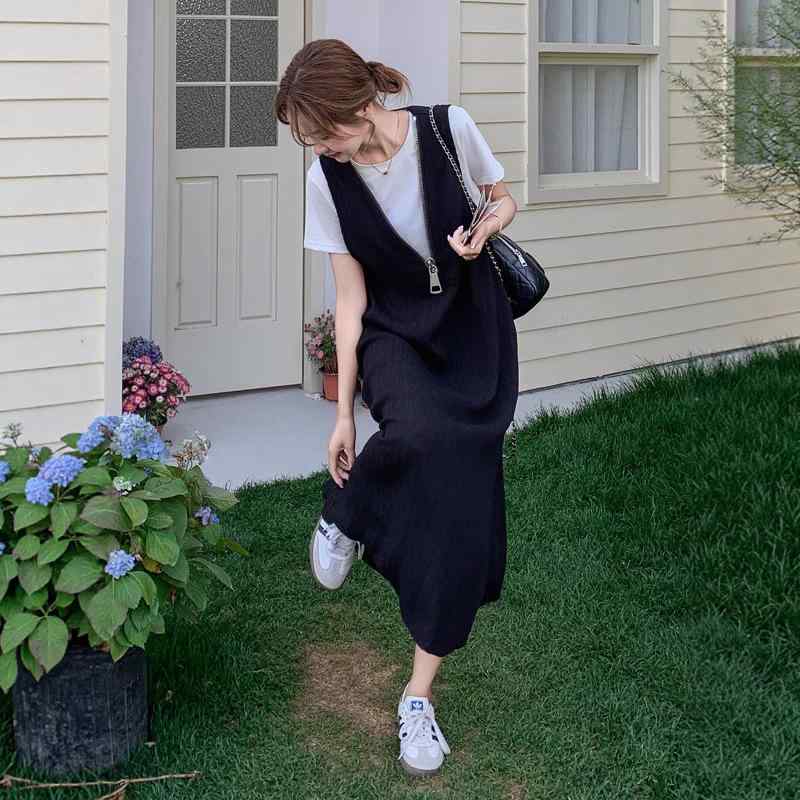 ワンピース レディース 黒 ブラック Vネック ノースリーブ Tシャツ セットアップ 綿混紡 ゆったり 楽ちん ロング丈 マキシ丈 ワンピース 春夏 通勤 カジュアル