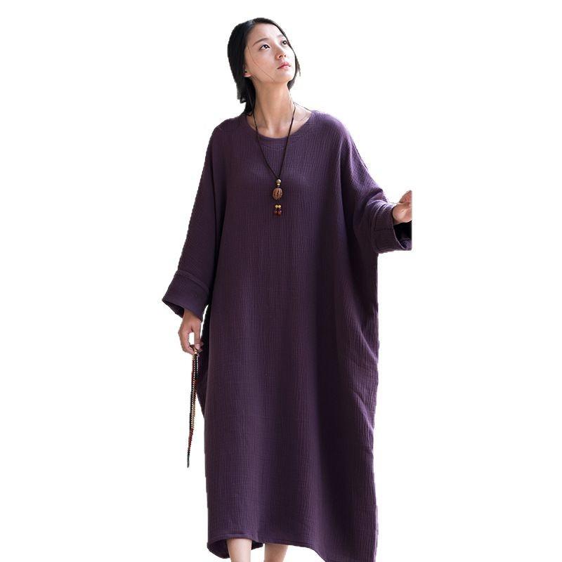 ワンピース レディース 春夏 リネンブレンド 大摆 Vネック 長袖 ロング丈 ゆったりサイズ アースカラー 切り替え 文芸風 民族衣装