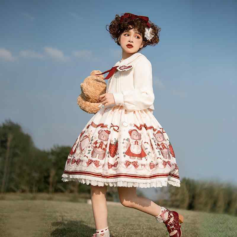 ワンピース レディース ロリータ 学院風 ノースリーブ 膝丈 ポリエステル プリント Uネック 2点セット 冬 ギフト プレゼント かわいい ガーリー フェミニン