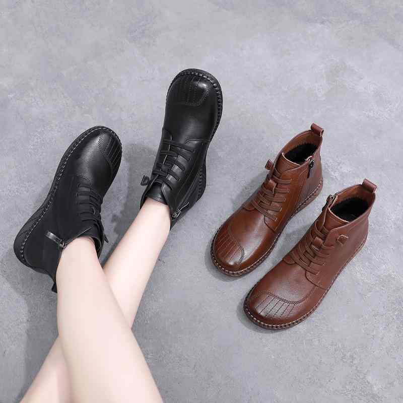 ブーツ レディース 秋冬 革 ショートブーツ 厚底 フラットヒール ラウンドトゥ 防寒 保温 滑り止め カジュアル 普段使い ブラック ブラウン